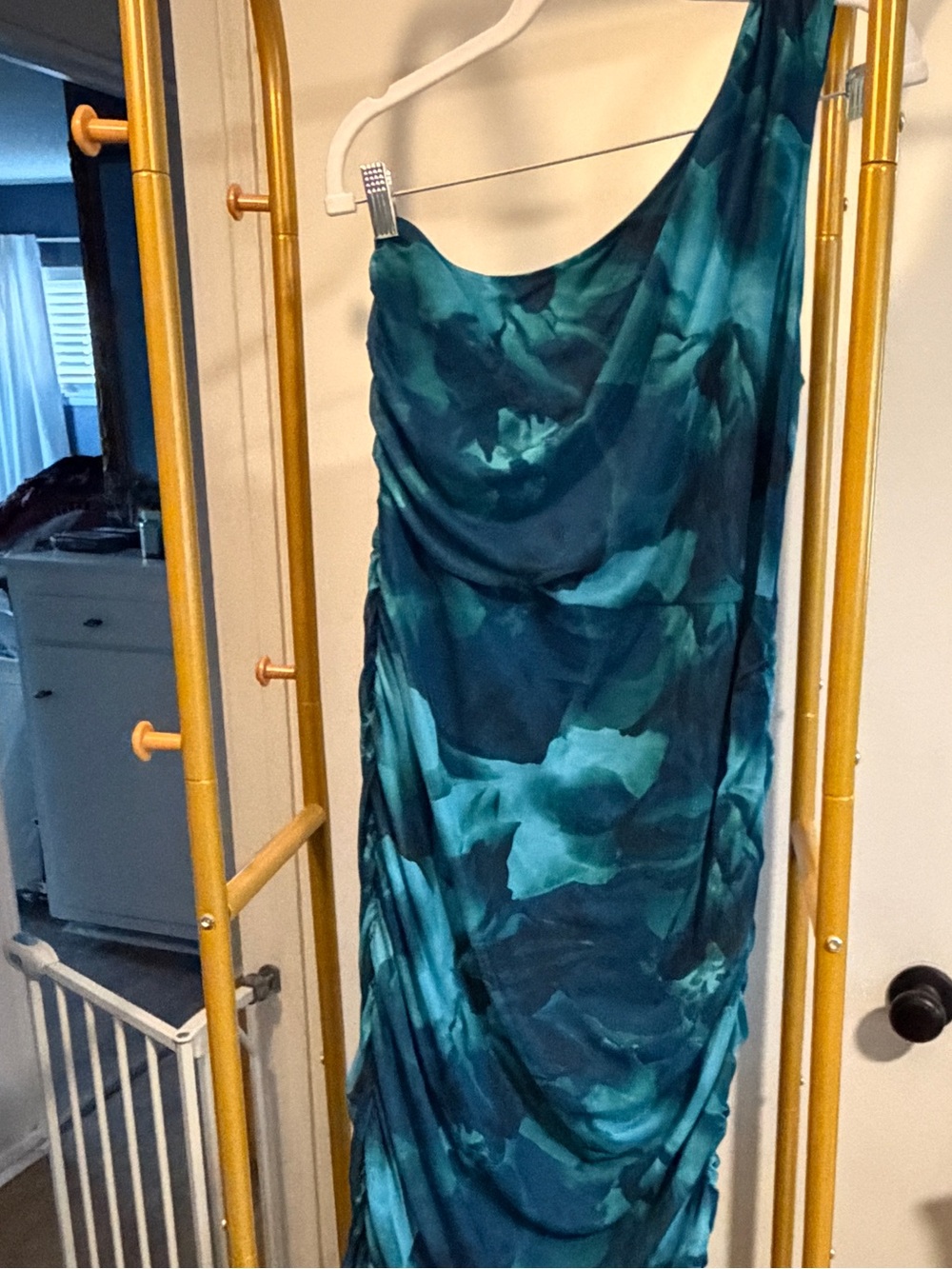 One-Shoulder Teal Watercolor Ruched Dress